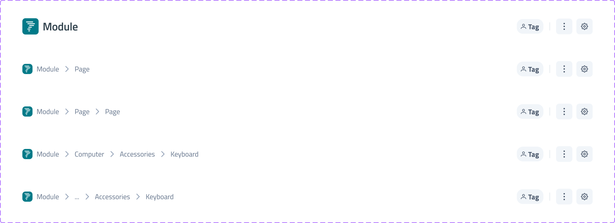Breadcrumb variants from module title only through deep paths with ellipsis truncation