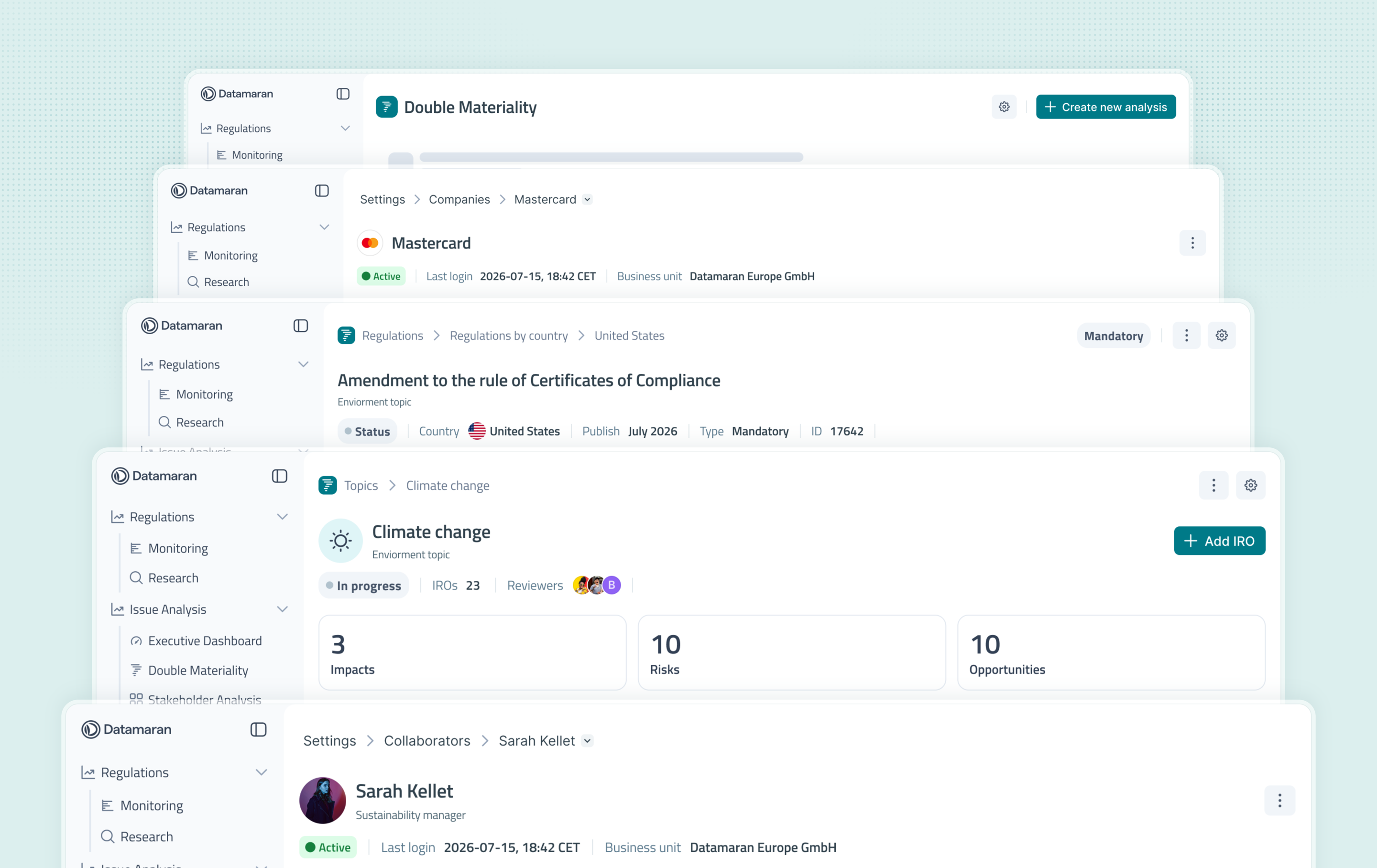 Stacked Datamaran screens showing the same resource header pattern across Double Materiality, company settings, regulations, topics, and collaborator profiles