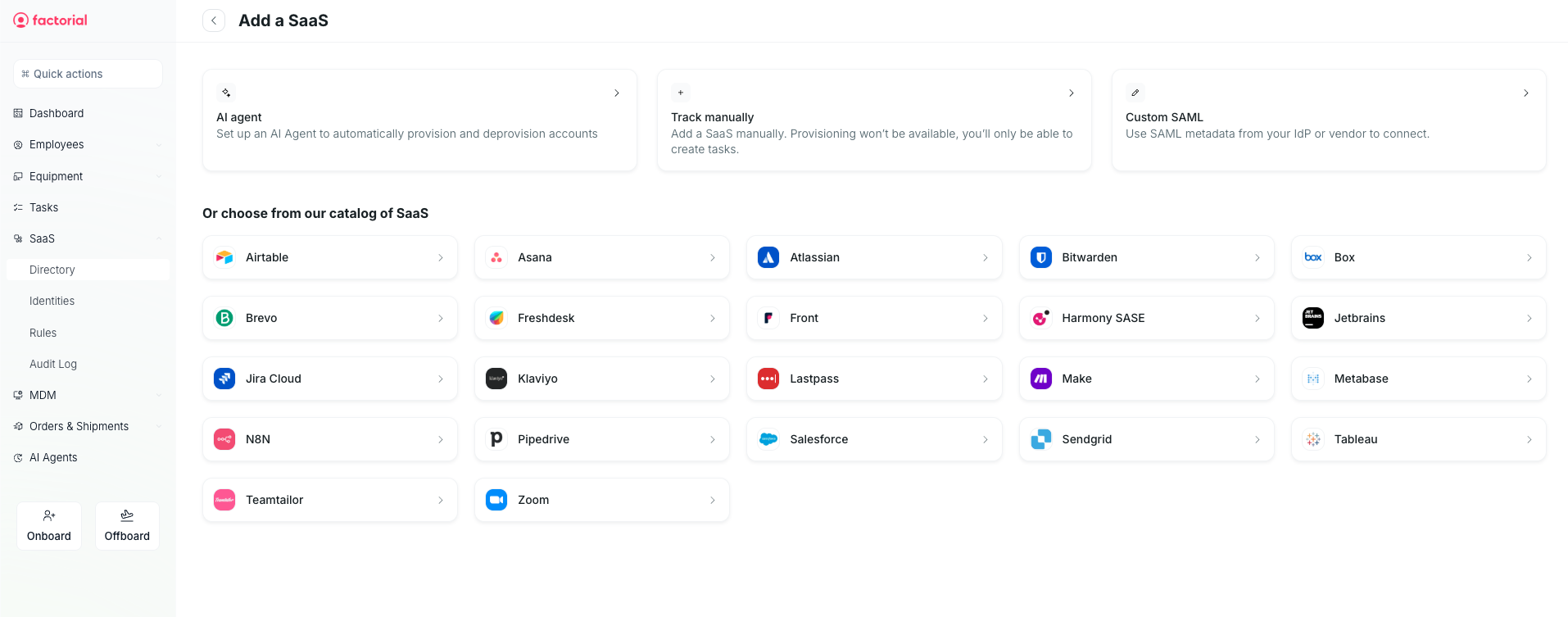 Add a SaaS with AI agent, manual tracking, SAML, and catalog
