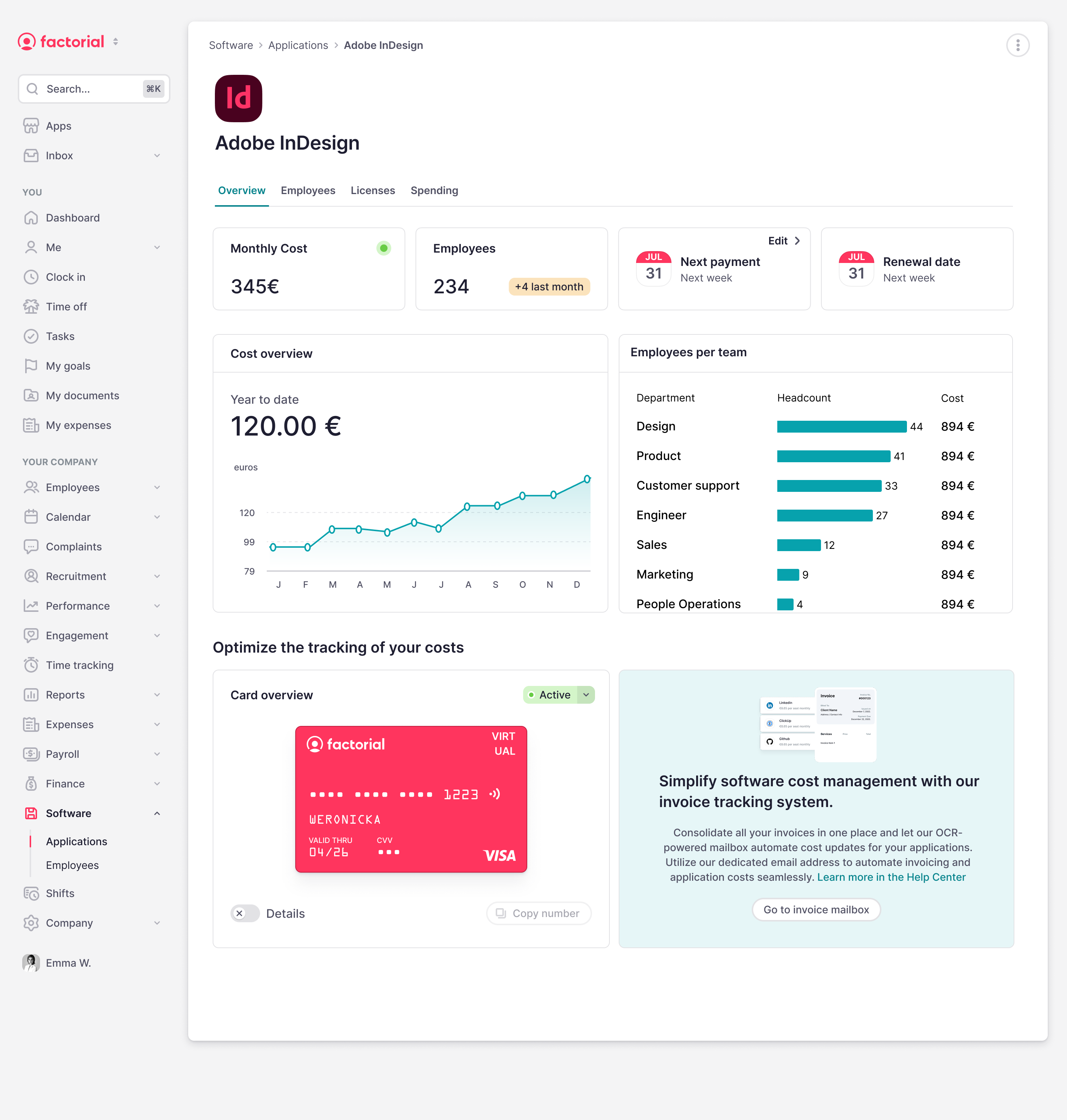 Application overview with cost, employees, renewal, and virtual card