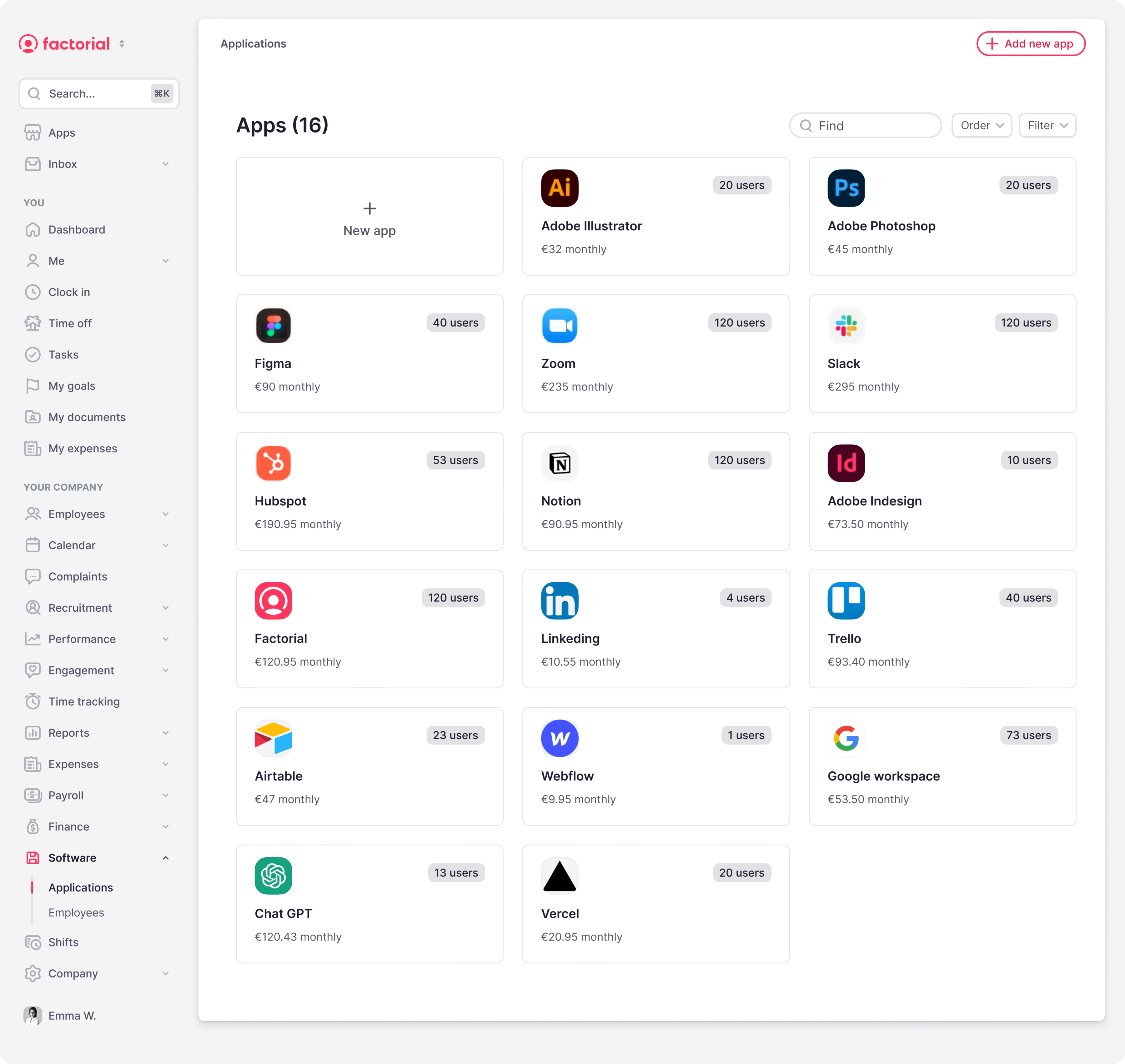 Factorial Software Applications grid showing company apps with user counts and monthly costs