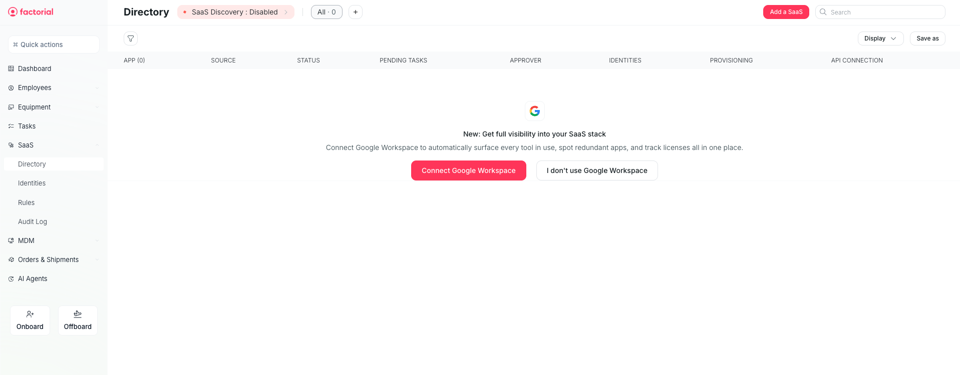 Empty SaaS Directory prompting Google Workspace discovery