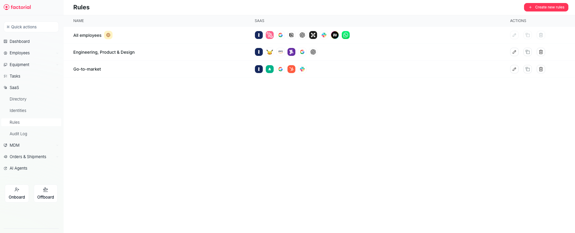 Rules list assigning SaaS apps by team