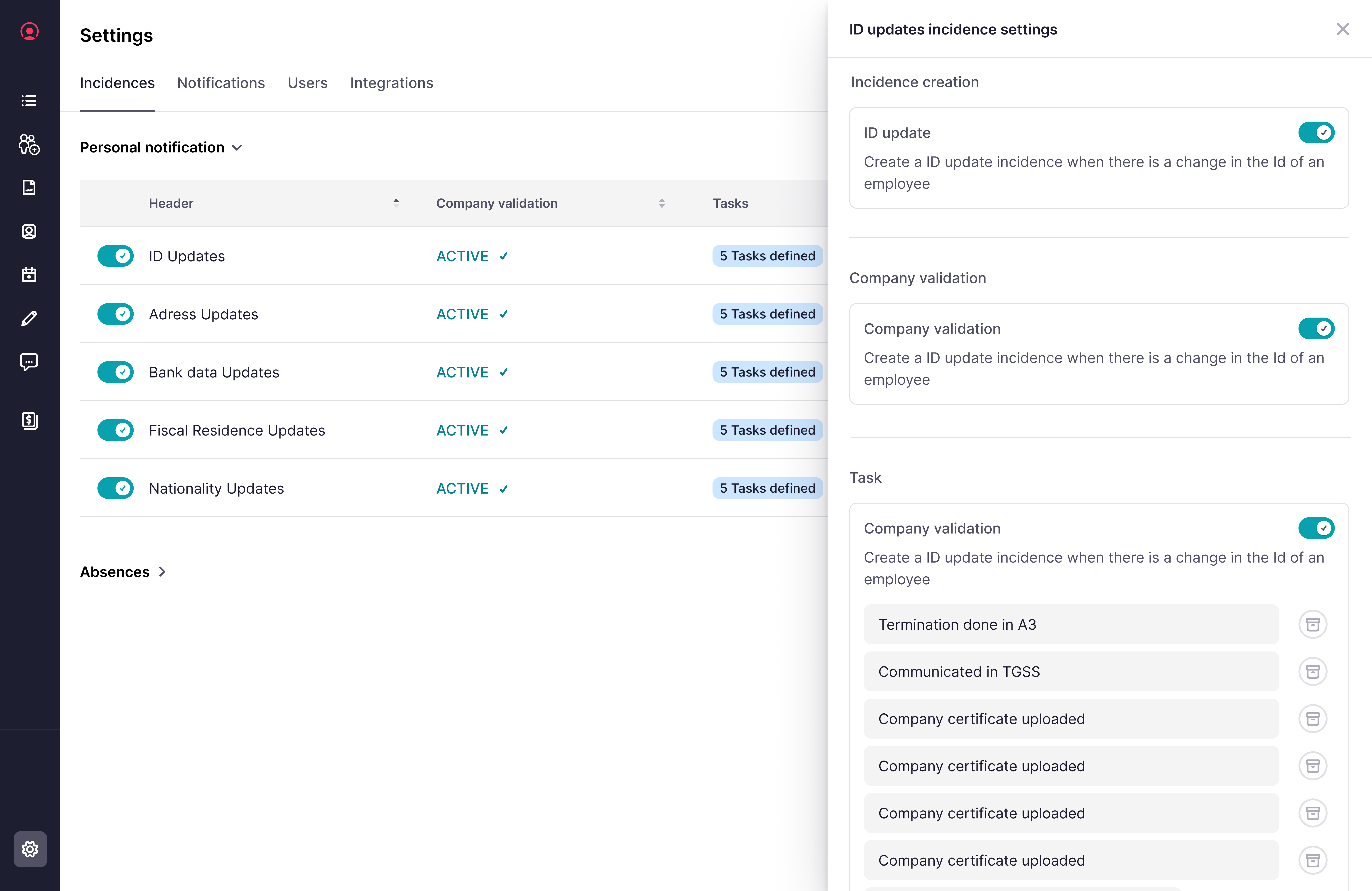Settings Incidences tab with notification toggles per incidence type and the ID updates incidence settings drawer with company validation and tasks