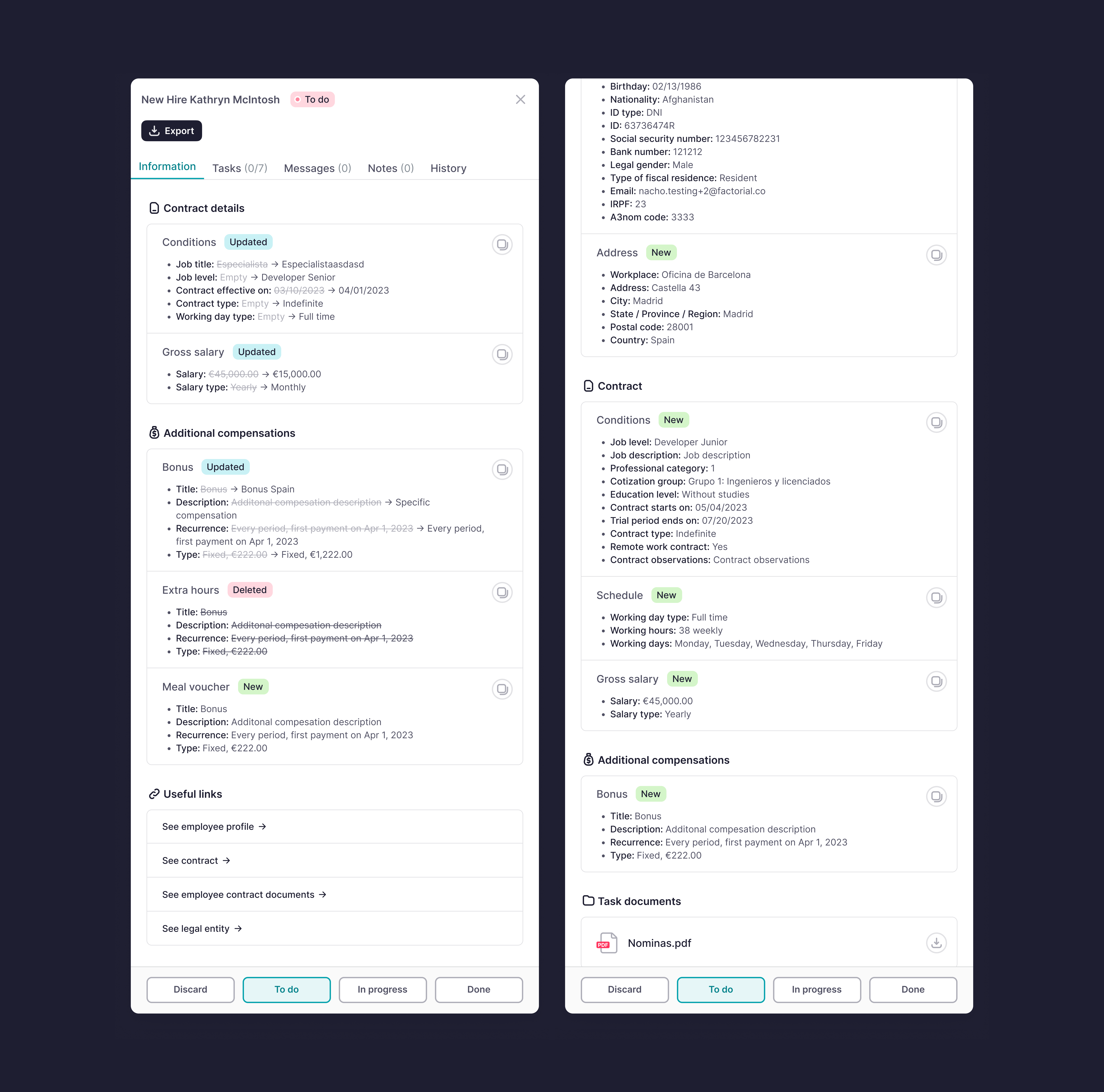 Side-by-side incidence detail panels showing contract details, compensations, and status actions for a new hire