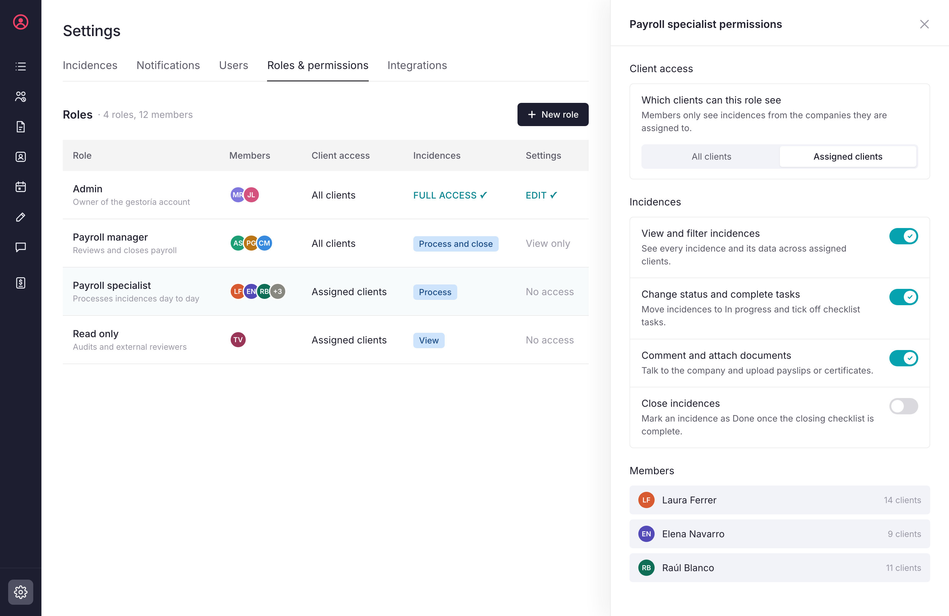 Settings Roles and permissions tab listing Admin, Payroll manager, Payroll specialist and Read only roles, with a drawer showing the Payroll specialist's client access, incidence permissions and members