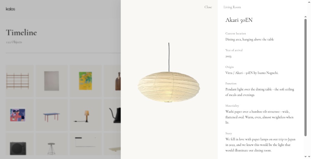Kalos timeline of household objects beside the story of an Akari 50EN pendant light